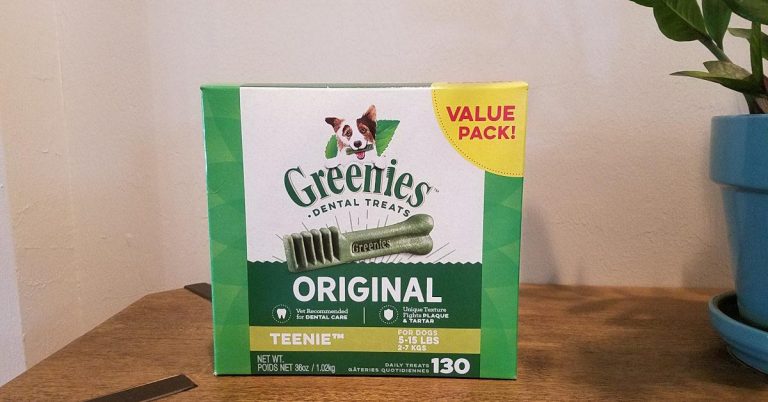 Box of Greenies Treats for Dogs sitting on table