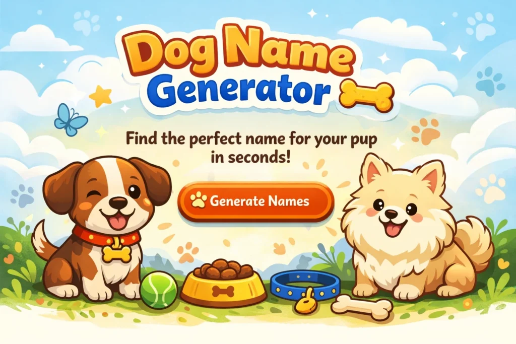 Photos of two cartoon dogs happy to see the dog name generator